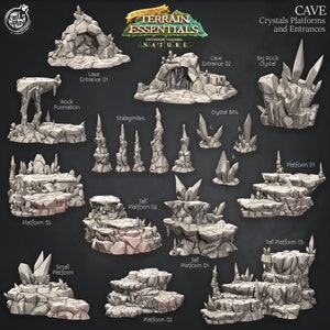 Cave Terrain | Crystals, Platforms &n Entrances | Terrain Essentials | Cast &#39;n Play | 3D printed 32mm Tabletop Terrain