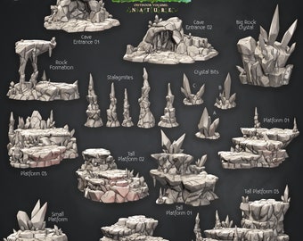 Cave Terrain | Crystals, Platforms &n Entrances | Terrain Essentials | Cast 'n Play | 3D printed 32mm Tabletop Terrain