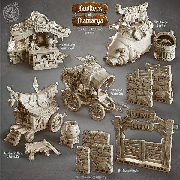 D&D Shops Stalls and Carts | Hawkers of Tamarya | 3D printed 32mm Tabletop Terrain