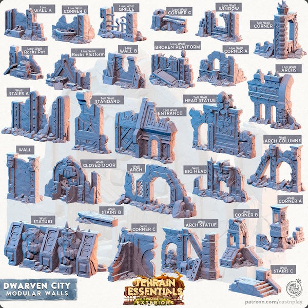 Modular Walls | Dwarven City | Terrain Essentials | Exteriors | Cast 'n Play | 3D Printed Tabletop Terrain