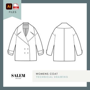 May include: Technical drawing of a women's coat, featuring front and back views. The coat has a double-breasted design with a notched collar, button closures, and long sleeves with cuff details. The drawing is in black and white.