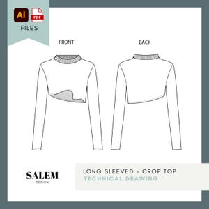 May include: A technical drawing of a long-sleeved crop top, front and back views. The top is white with a ribbed crew neck and long sleeves. The front view shows an asymmetrical crop design. The text "SALEM DESIGN" is at the bottom left.