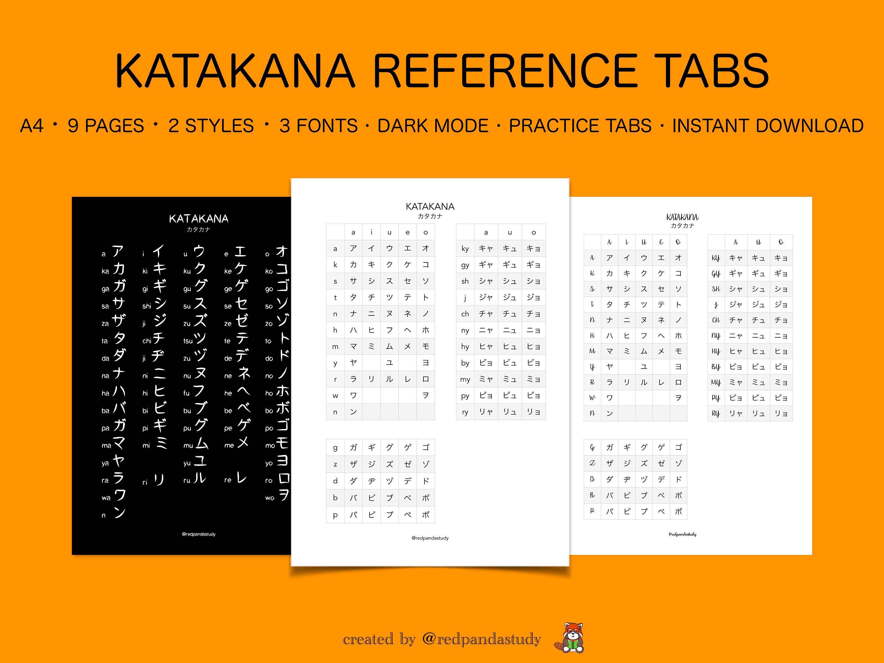 Katakana Reference Tabs Japanese Language Learning Printable Digital Worksheet Study Learn