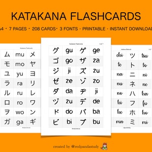Katakana flashcards for Japanese language learning - Printable digital worksheet - Study and learn - Hiragana and Kanji - JLPT