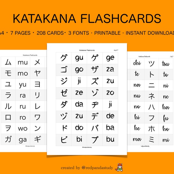 Katakana flashcards for Japanese language learning - Printable digital worksheet - Study and learn - Hiragana and Kanji - JLPT