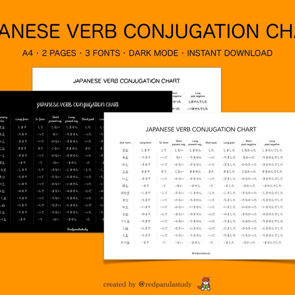 Verb Conjugation Chart for Japanese language learning - Printable digital worksheet - Study learn practice - Hiragana Katakana Kanji - JLPT