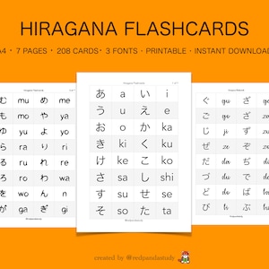 Hiragana flashcards for Japanese language learning - Printable digital worksheet - Study and learn - Katakana and Kanji - JLPT