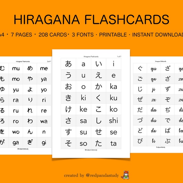 Hiragana flashcards for Japanese language learning - Printable digital worksheet - Study and learn - Katakana and Kanji - JLPT