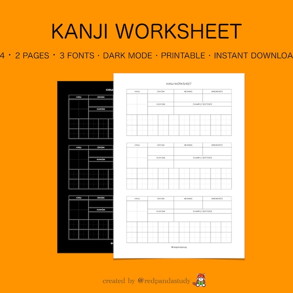 Kanji worksheet for Japanese language learning - Printable digital worksheet - Study learn and practice - Hiragana and Katakana - JLPT