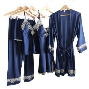  Conjunto de pijama de seda para mujer, bata de satén con  camisón de 2 piezas, ropa de dormir sexy de encaje, ropa de dormir kimono,  batas de dama de honor, Negro - 