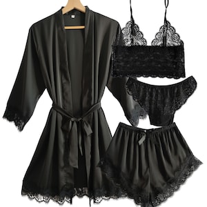 Laura Lily - Set of satin silk pajamas with black lace for women, 4 pieces, robe, shorts, bralette and panties.