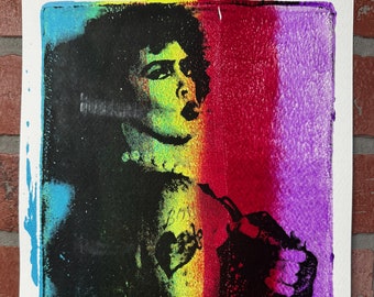 Frank N Furter - Gel Plate Mono Print - V1 Light Green  / Tim Curry / Rocky Horror Picture Show / Horror Art / Pop Art / Gelplate Printing