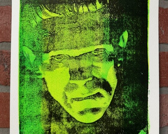 Frankenstein - Gel Plate Mono Print - V1 Light Green  / Horror Art / Pop Art / Original Art / Gelli / Gelplate Printing / Classic Monsters