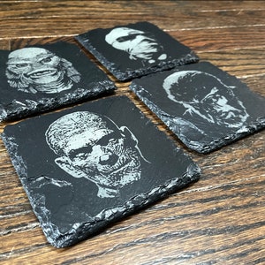 Classic Movie Monsters 2 Slate Coaster Set / Horror Movie Art / Wolfman / The Mummy / Creature From The Black Lagoon / Invisible Man / image 1