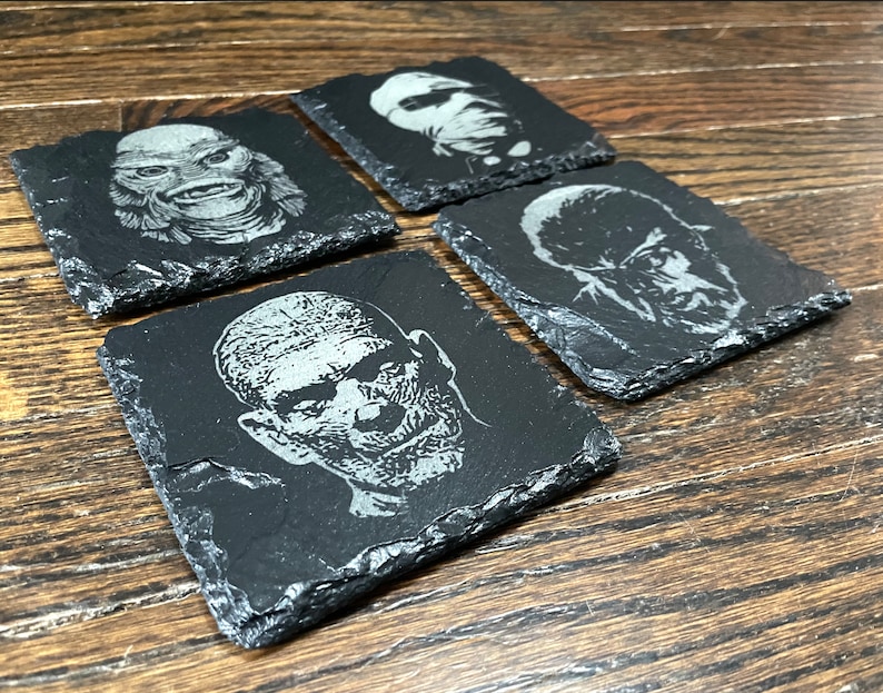Classic Movie Monsters 2 Slate Coaster Set / Horror Movie Art / Wolfman / The Mummy / Creature From The Black Lagoon / Invisible Man / image 1