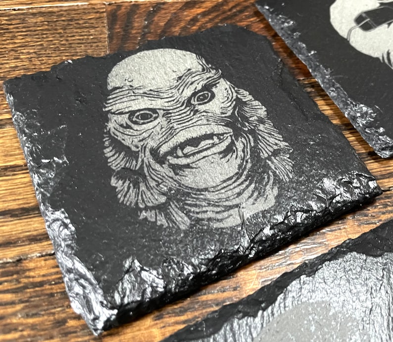 Classic Movie Monsters 2 Slate Coaster Set / Horror Movie Art / Wolfman / The Mummy / Creature From The Black Lagoon / Invisible Man / image 5