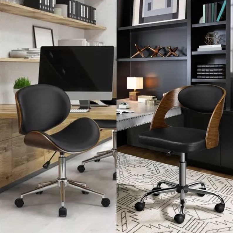 Office Desk Chair Adjustable Computer Swivel Chair Leather Wooden For Home Office