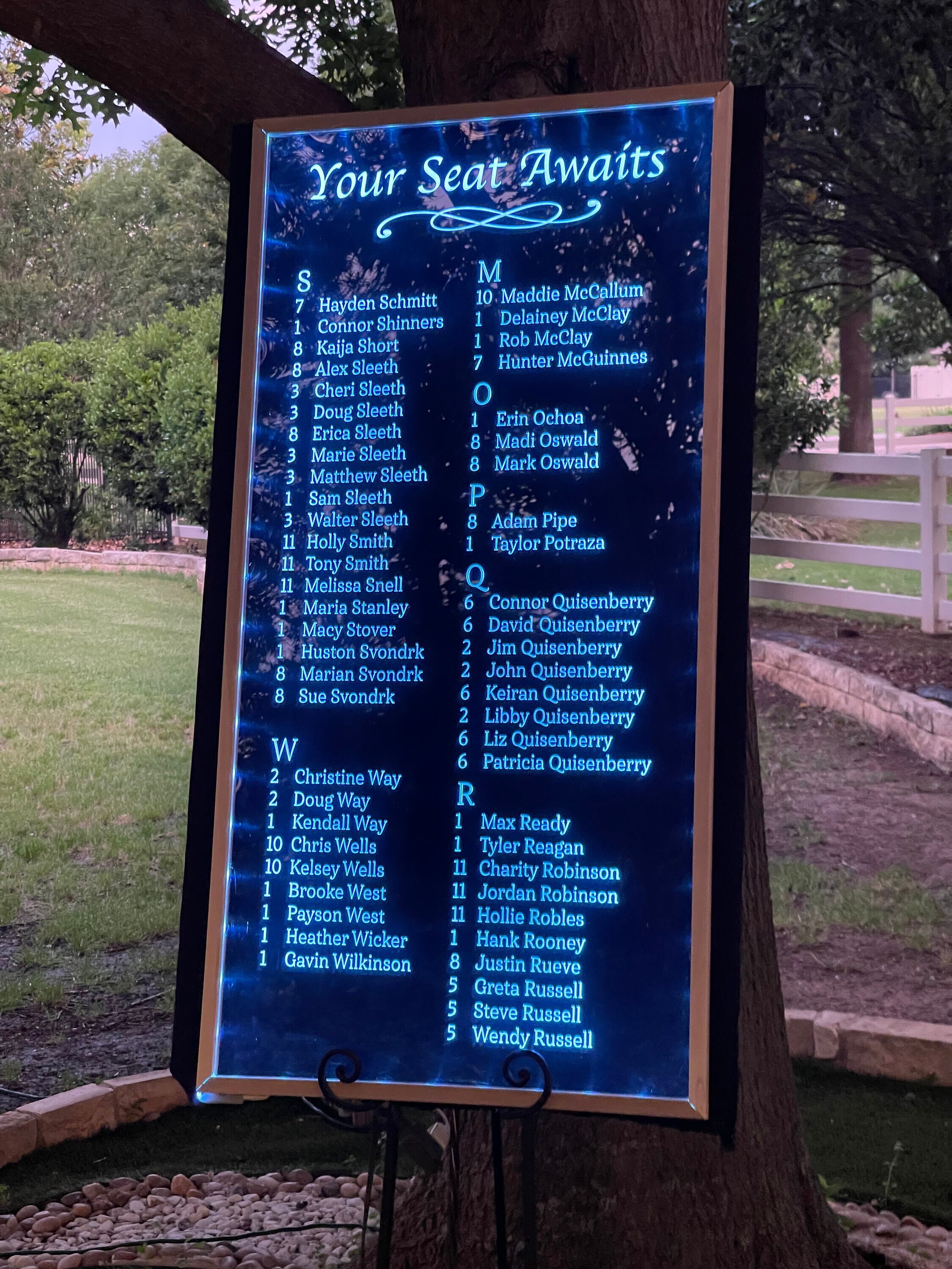 LED, CNC Engraved Wedding Seating Chart Wedding Sign Wedding