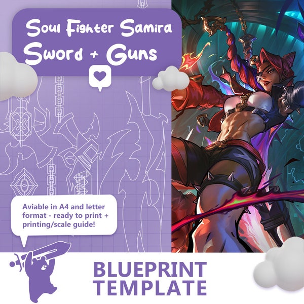 Samira Soul Fighter Weapons | Guns AND Sword - Blueprint | Eva Foam Template for Cosplay | PDF for EVA foam (LoL - League of Legends)