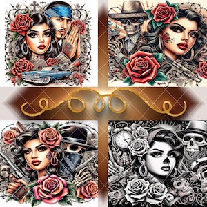 May include: Four digital art prints featuring Chicano-style portraits with roses, guns, and skulls. The color palette includes red, black, and white, with a touch of blue. The images depict couples, women, and a skeleton with a hat.