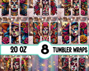 8-Dia De Los Muertos Bechertücher | 20 Unzen Skinny Straight Tumbler Wraps ~ Sublimationsentwürfe | PNG-Dateien | NUR digitale Downloads!