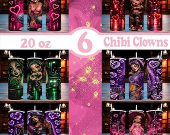 6-Chibi Clowns Bündel | 20 Unzen Skinny Straight Tumbler Wrap Sublimationsentwurf | Ai Bilder | PNG-Dateien | Digitaler Download!