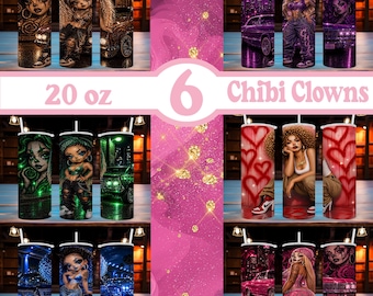 6-Chibi Clowns Bündel | 20 Unzen Skinny Straight Tumbler Wrap Sublimationsentwurf | Ai Bilder | PNG-Dateien | Digitaler Download!