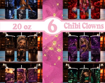 6-Chibi Clowns Bündel | 20 Unzen Skinny Straight Tumbler Wrap Sublimationsentwurf | Ai Bilder | PNG-Dateien | Digitaler Download!