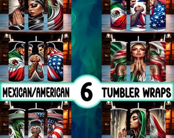 6-20 oz Skinny Tumbler Wrap • Mexikanische und amerikanische Männer Design / Mexikanisch - Amerikanische Flagge • Digitale Kunst / Ai Bild • Sublimationsdesign • PNG Datei