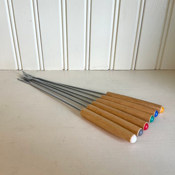 Vintage Fondue Forks Mid Century Design Wooden Handles with Colorful Ends, Stainless Forks, Dinner Party Raclette Chocolate Dip Serviers