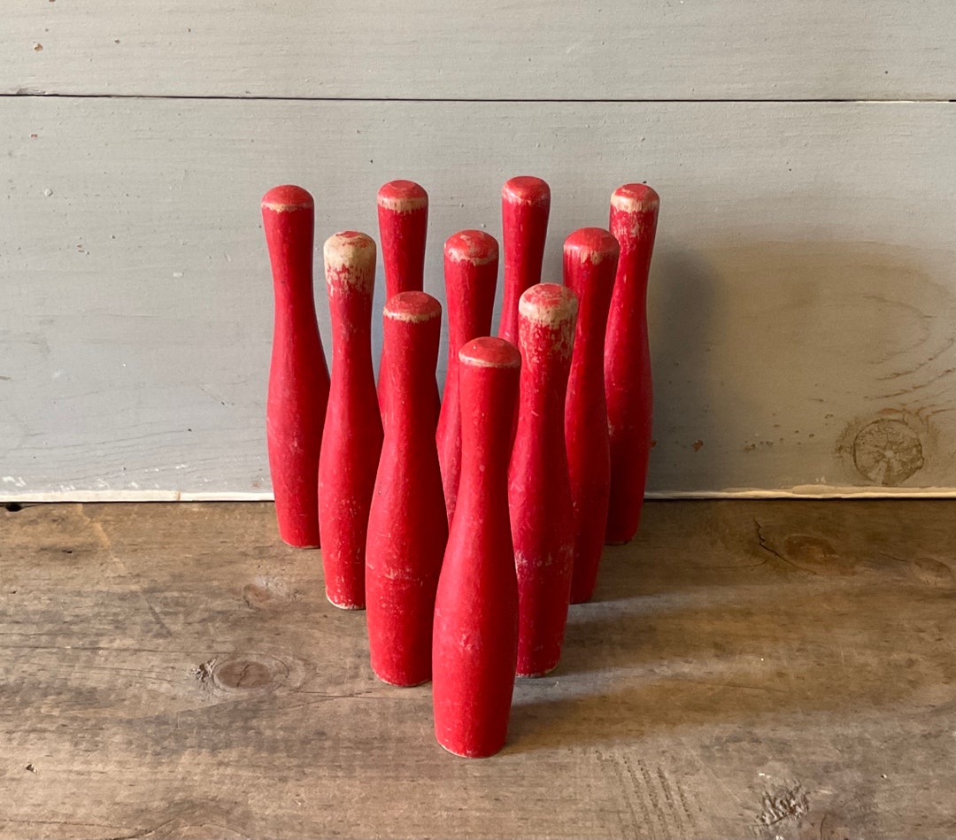 Vintage Skittles Red Wooden Bowling Pins Set of 10 Ten Pins Etsy