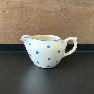 Vintage Art Deco Creamer, Creamware with Blue Polka Dots Made in Czechoslovakia, Retro Ceramic Pottery with Geometric Pattern, Stamped
