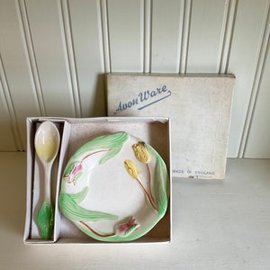 Avon Ware Jam Dish with Spoon, Art Deco in Original Box, Made in England, Ceramic Dish Set Tulip Green Yellow Rare, or Baby Gift