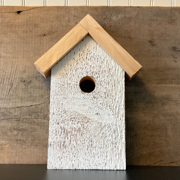 Wooden Birdhouse Front Wall Hanging Garden Handmade Repurposed Wood, Indoors Outdoors Decor Rustic White Washed Natural Reclaimed Cedar