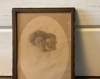 Framed Antique Photo of Mother and Child, Victorian Mom w Baby Boy, Metal European Picture Frame with Signed Sepia Tone Photograph 1913