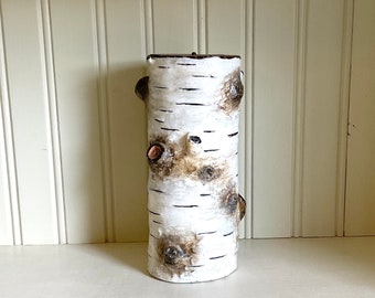 Vintage Birch Candle Pillar Faux Wood Bark Hand Painted Molded Candle, Holiday Decor