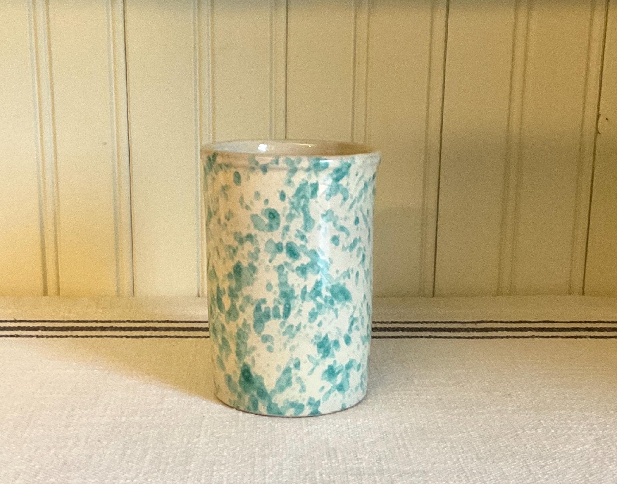 Vintage Spongeware Tumbler Splatterware Cup, Off-White and Aqua, Redware, Decor