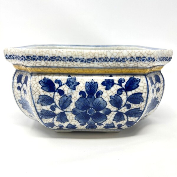 Vintage Blue White Chinoiserie Porcelain Octagonal Planter Cachepot Jardiniere