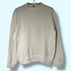 Vintage 70s Tiberius McGregor Sz Large Ivory Open Knit Shetland Wool Sweater, Cream Lightweight Washable, Casual Host Cocktail Jumper