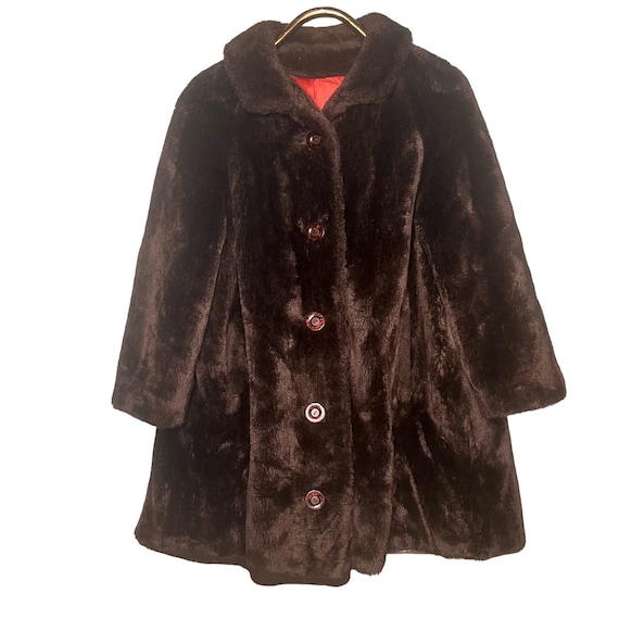 Vintage 60s Brown Faux Fur Swing Coat Button Front Collared