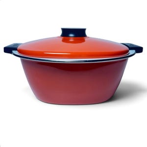May include: A bright orange enameled cooking pot with a matching lid and two black side handles. The pot features a smooth, glossy finish, a wide circular base, and a dark rim around the top edge where the lid rests, providing a clean, functional design.