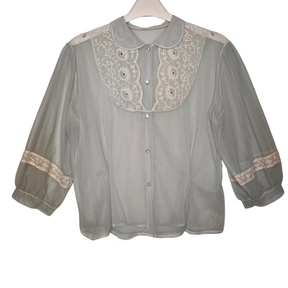 Vintage 40s 50s Sheer Blouse Lace Yoke Rhinestone… - image 1