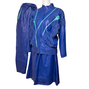 Vintage 80s Size Small Blue Leather Skirt Pants Suit Set 3 Pcs Snakeskin Suede