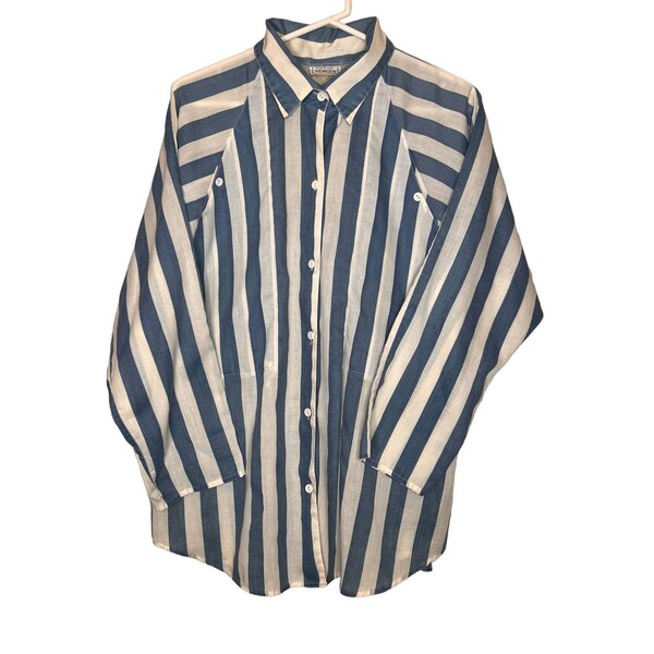 Vintage 80s Venezia Medium Blue Stripe Batwing Button Front Shirt Top New Wave