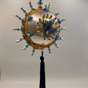 Vintage Handmade Blue White Ornament Sequin Beaded Push Pin Tassel Christmas
