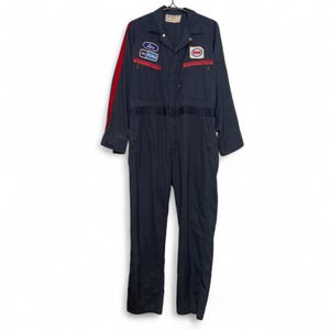 Vintage 70s Ford Esso Mechanics Summer Coveralls Unitog Workwear Size Medium Talon Zipper, Racing Stripes, Automotive Cars, Zip Front, USA