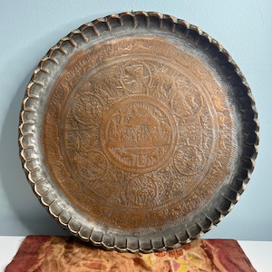 Antique 19th Persian Egyptian Revival Style Repoussé Tinned Copper Serving Tray