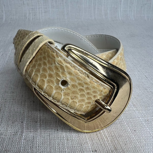 Vintage 80s Size Medium Beige Snakeskin Leather Belt Gold Buckle Classic