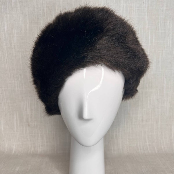 Vintage 60s Black Mink Look Faux Fur Cap Hat Made in England Cloche Tam