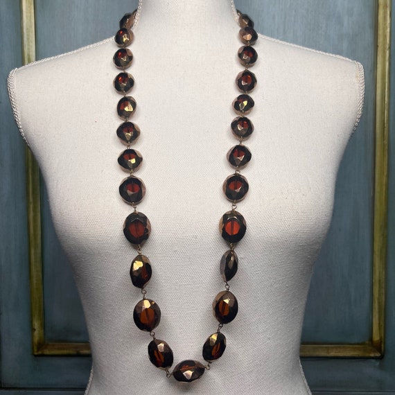 Vintage 90s Dark Topaz Gold Glass Bead Necklace O… - image 1